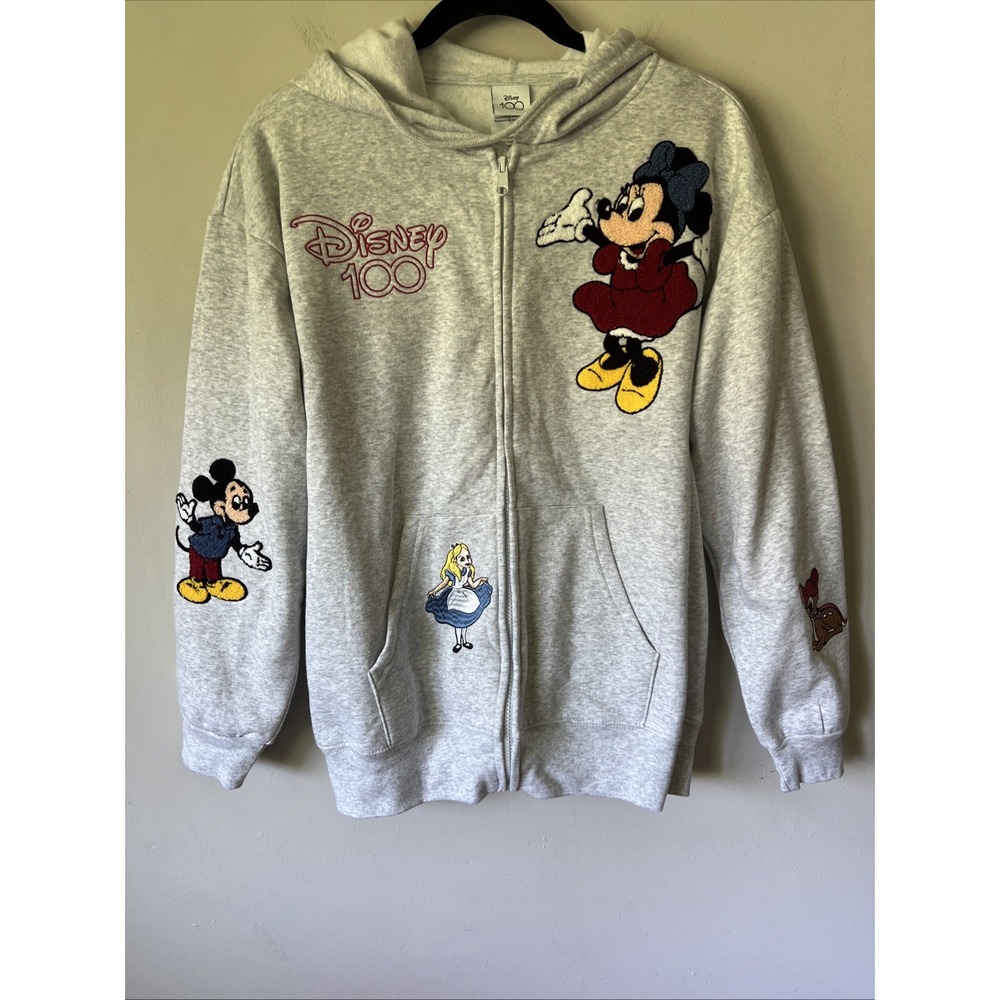 DISNEY 100  WOMENS FULL ZIP UP HOODIE, Size M ,HEATHER GREY Bambi Minnie Alice